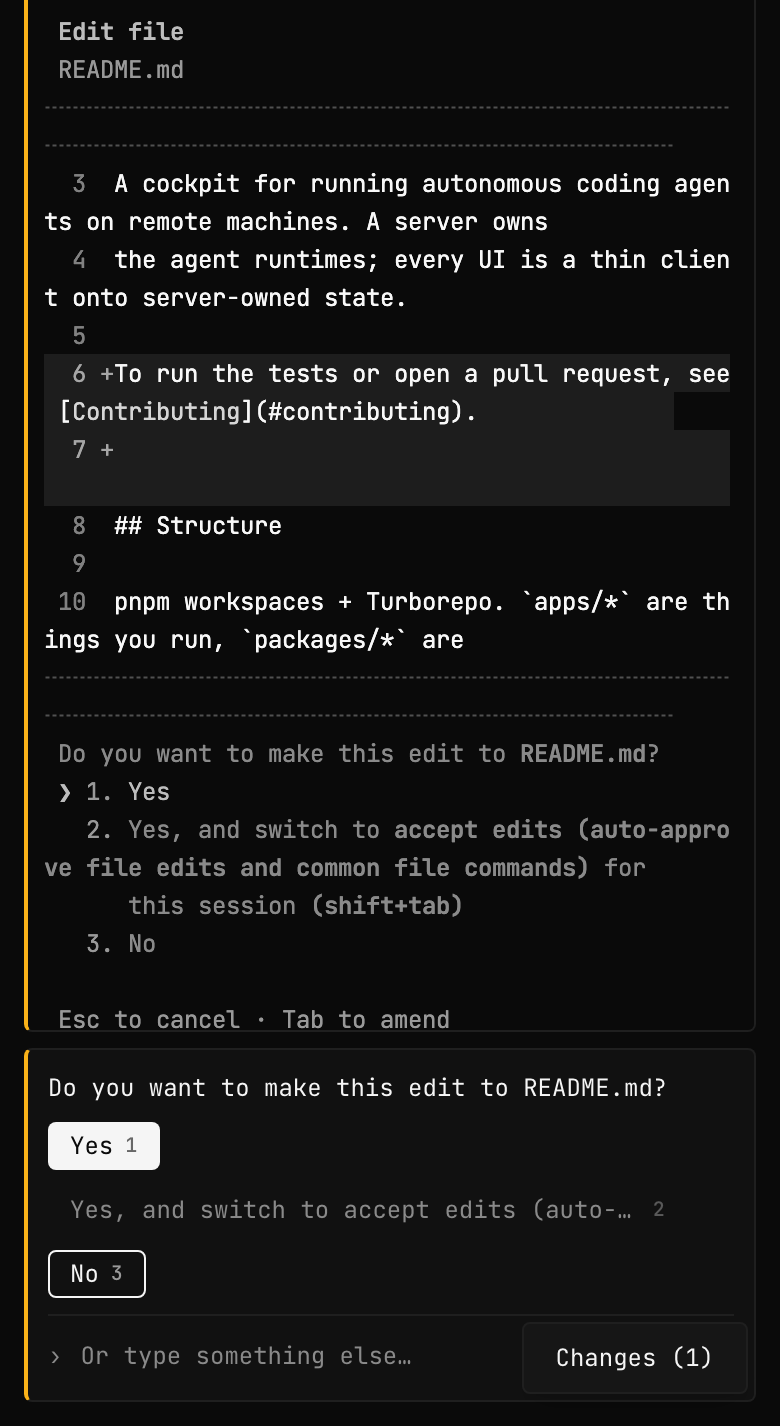 The same question on a phone: the diff in the agent's terminal, and Yes and No buttons under it.