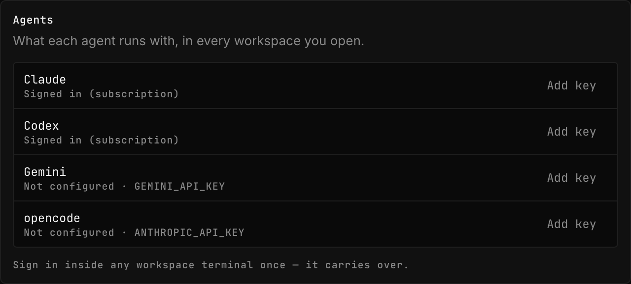 Settings, Agents: Claude and Codex signed in with a subscription, Gemini and opencode not configured, each with Add key.