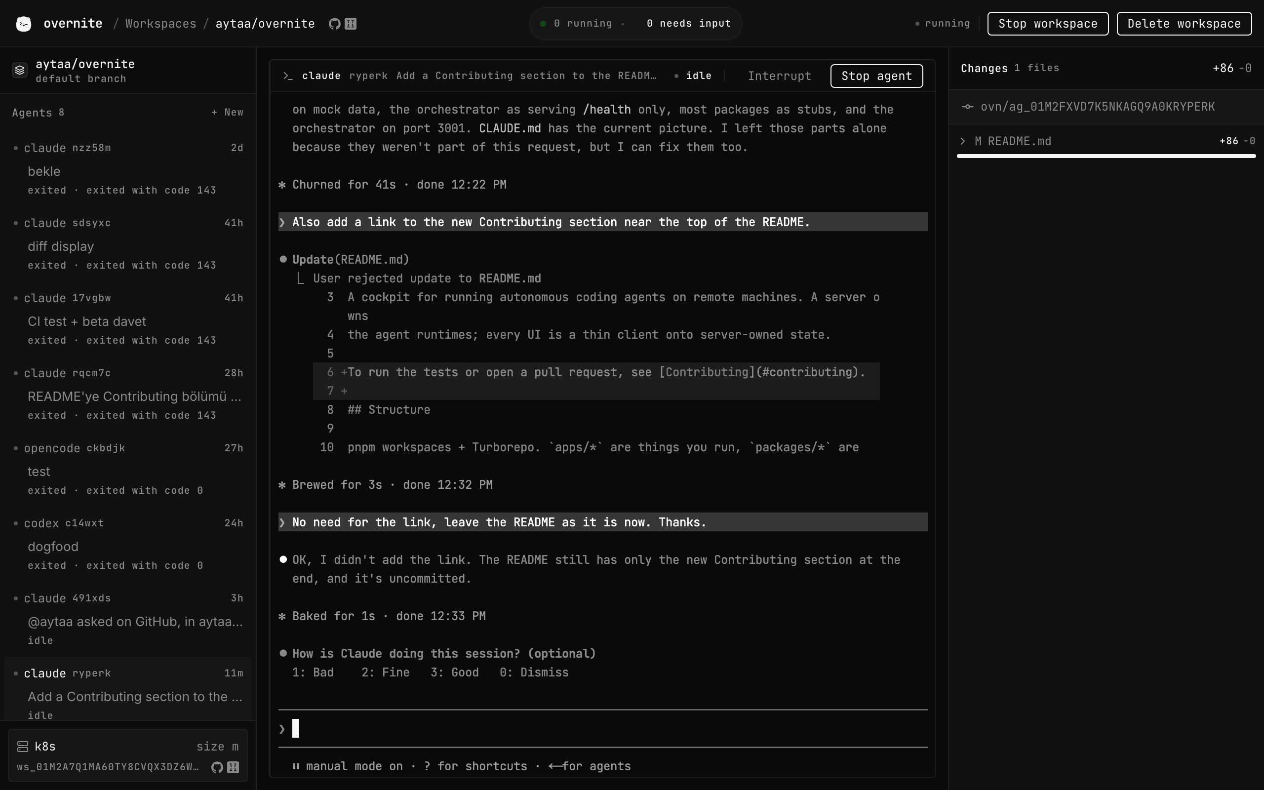 A workspace in the cockpit: the agent list, Claude Code's terminal after it added a Contributing section to the README, and the Changes panel with README.md, 86 lines added.